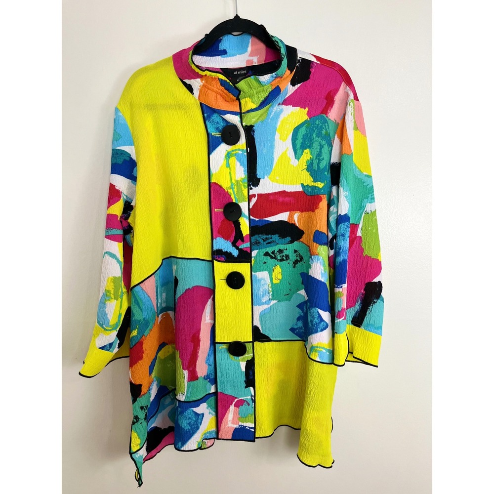 Ali Miles Artsy Lagenlook Abstract Crinkle Tunic Fop XL Multi Color Button Front